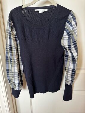 Veronica Beard Navy Knit Top with Blue Plaid Sleeves